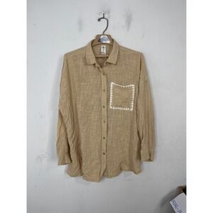 Cotton On Body Womens Medium Tan Slub Cotton Blend Button Down Pocket Shirt